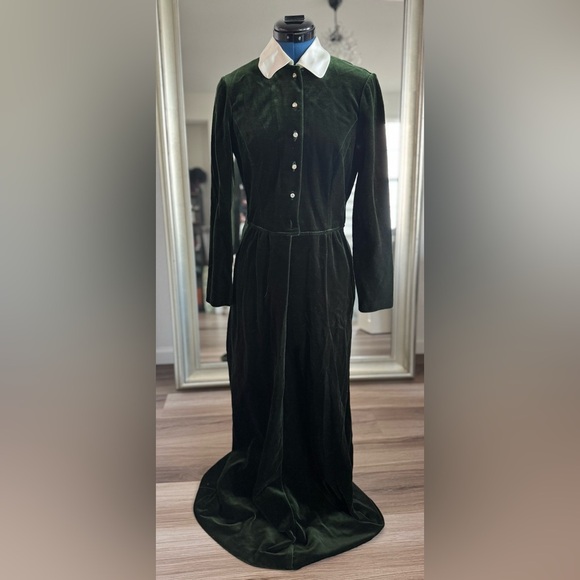 Vintage Button Down Shirt Dress Hunter Green Velour Velvet Lolita Goth - Picture 1 of 11